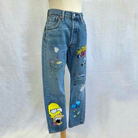 Levi's 501 custom hand‎ painted cartoon graffiti high waist jeans size 32x30 - Picture 8 of 16
